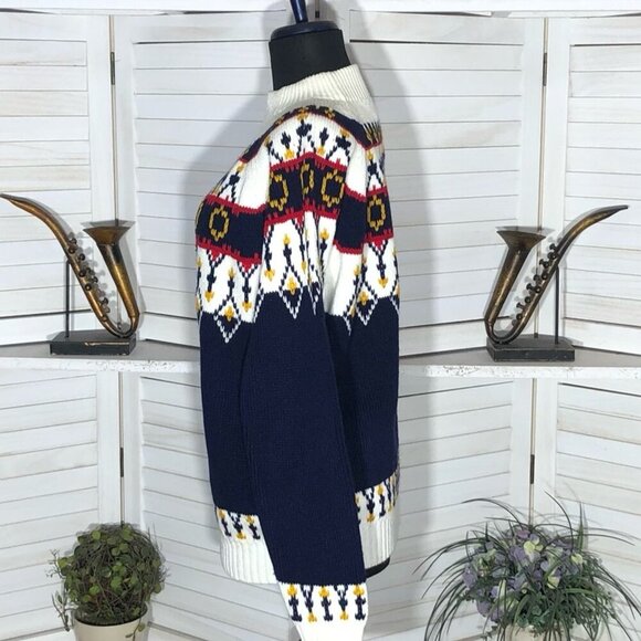 Vintage 90s JCPenney Fair Isle Ski Sweater Mock Neck Navy White Medium - Picture 6 of 11